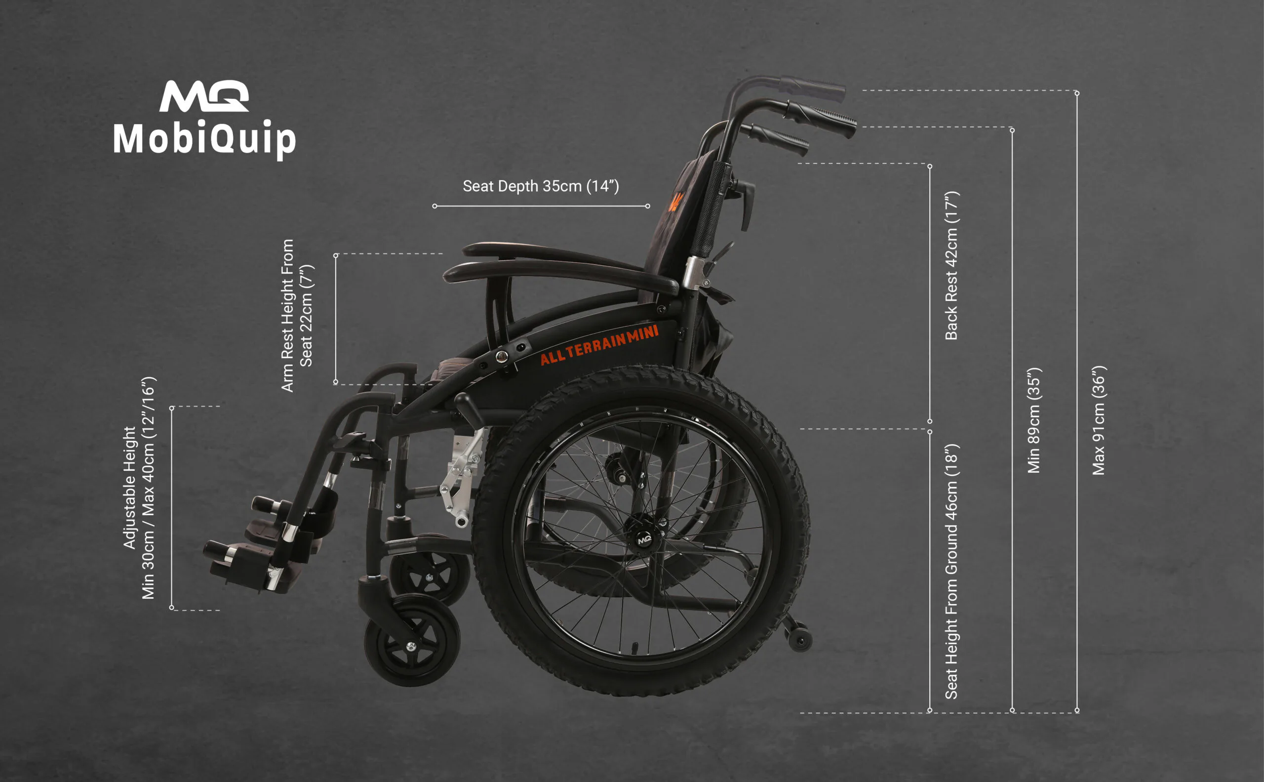 MobiQuip All Terrain Mini Children’s Wheelchair dimensions