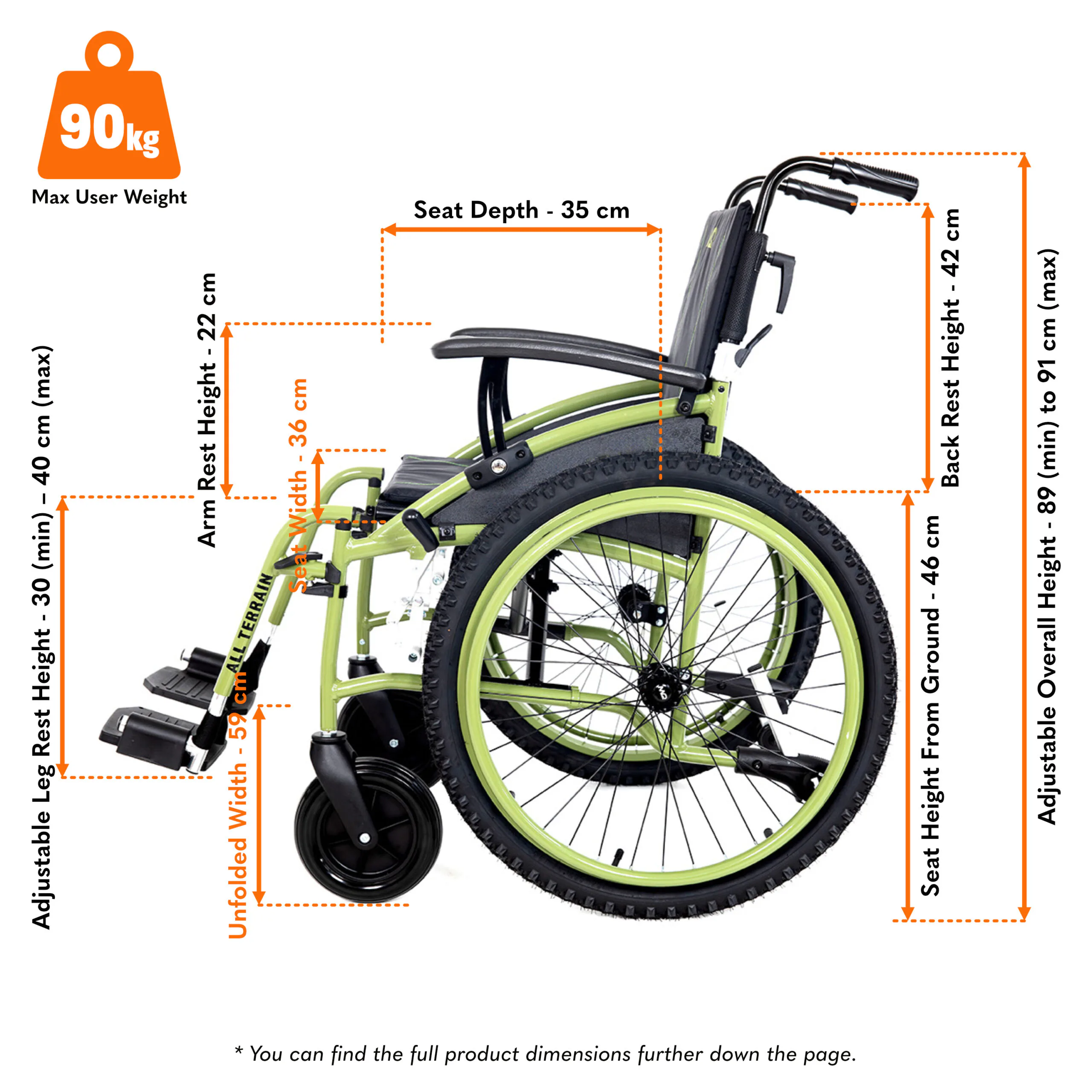 MobiQuip All Terrain Mini Children’s Wheelchair Special Edition dimensions
